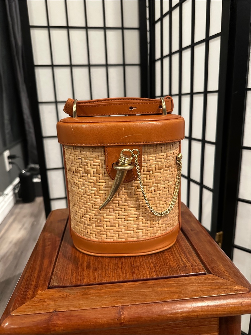 SANCIA Woven Straw Crossbody Bucket Bag with Tan Leather Trim